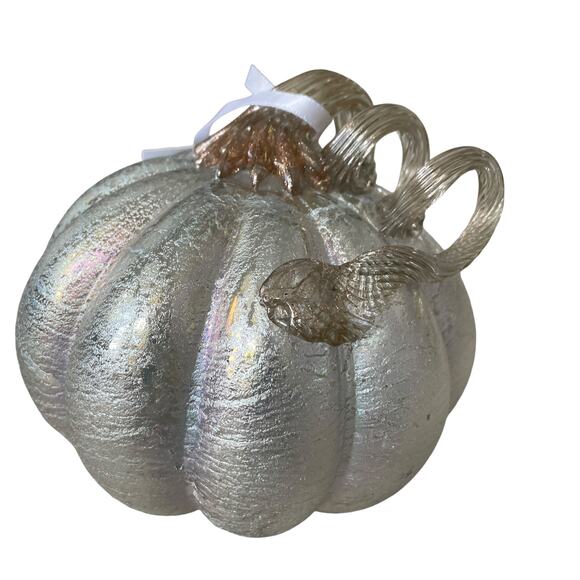 MIKASA Hand Blown Art Glass Pumpkin Metallic Silver Designer Fall Decor New - Picture 1 of 12